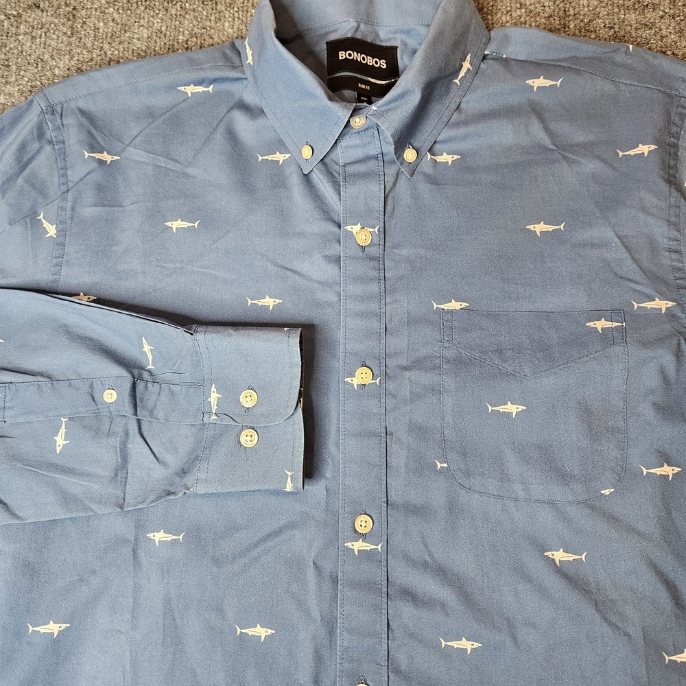 Bonobos Mens Shark Print Longsleeve Button Up Shirt Size Medium Slimfit Long